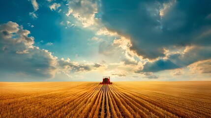 Poster - Tranquil Farmland at Sunset, Warm Tones Over Harvested Fields. A Peaceful Rural Landscape with a Solitary Barn. Serene Nature Photography, Ideal for Background Use. AI