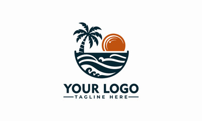 Sticker - Beach logo vector, beach and palm logo design, vector design of circular beach palm coconut