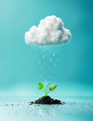 Wall Mural - Young plant under a raining cloud on a blue background. Ecology concept. Spacy text.