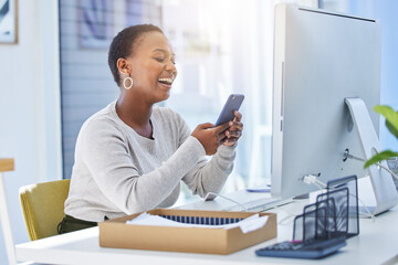 Poster - Woman, smartphone and funny chat at desk, laughing and happy with social media post on lunch break. Internet, technology and communication for texting, online meme and humor on website with contact