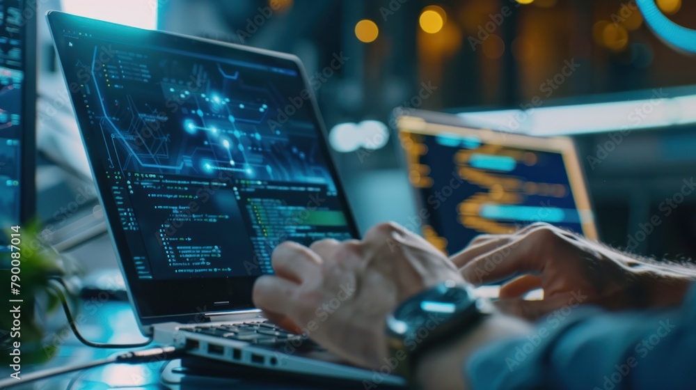engineer taking notes on a laptop, their fingers flying across the ...