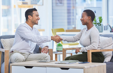 Leinwandbilder - Meeting, handshake and business people in interview for b2b, networking and partnership alliance at startup. Thank you, promotion and shaking hands for introduction, collaboration and support in team