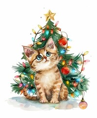 Wall Mural - Christmas cute cat the background of a decorated New Year tree. art illustration
