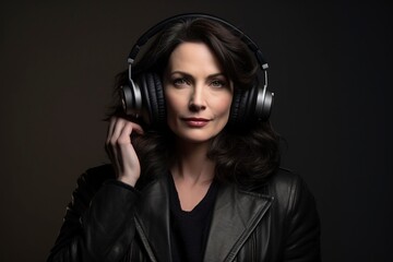 Wall Mural - Photo of a middle aged woman with dark hair wearing headphones