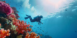 Fototapeta Do akwarium - scuba diving in tropical ocean coral reef sea under water, scuba diver, diver, swim, caribbean, fiji, maldives, snorkel, marine life, aquatic, aqua blue, dive, travel, tourism 