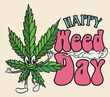 Happy Cannabis Leaf Character in Retro Style for a Happy Weed Day, Vector Illustration