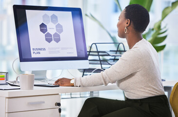 Poster - Black woman, computer screen and business plan for digital marketing project, presentation or PPT with productivity at desk. Professional, creative career and graphic design proposal at startup