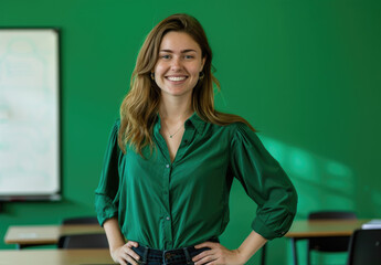 Poster - an attractive female teacher smiling and standing in front of a green wall, wearing a light blue shirt with her hands on her hips