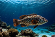 Malabar grouper swimming in tropical underwaters. Grouper in underwater world. Observation of animal world. Scuba diving adventure in South Africa coast of RSA