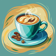 Wall Mural - A cup of coffee with a flower design on the side sits on a blue plate