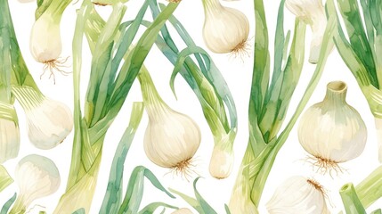 Canvas Print - Experience a delightful leek watercolor pattern a vibrant illustration of a natural vegetable backdrop showcasing organic cooking ingredients for a healthy nutrition concept Behold