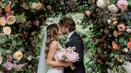 Wall Mural - oyful bride and groom sharing a romantic kiss under an arch of flowers