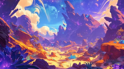 Canvas Print - explore a vibrant fantasy world filled with purple alien planets cartoon backgrounds and breathtakin