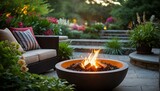 Fototapeta  - An upscale outdoor seating area with plush cushions around a fire pit, set against a lush garden