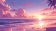 Experience the mesmerizing beauty of a beach landscape at either sunset or sunrise adorned with a breathtaking pink sky and the sun s reflection shimmering on the water This scene sets the p