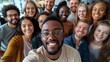 © horizor - Happy diverse people celebrating teamwork together in the office, taking a group selfie portrait, embodying a joyful multicultural lifestyle concept.
