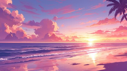 Wall Mural - Experience the mesmerizing beauty of a beach landscape at either sunset or sunrise adorned with a breathtaking pink sky and the sun s reflection shimmering on the water This scene sets the p