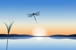 Silhouette of a dragonfly hovering over an African river at dusk, reflecting the vibrant hues of the sky 2D, flat design