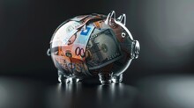 Transparent Piggy Bank With International Money On Dark Background. Clear Piggy Bank With Yen, Euros, And Dollars On Dark Table.