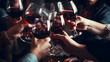 A group of people toasting with wine glasses, capturing the emotion and joy of the moment. The composition is filled with smiles and laughter as the glasses clink, symbolizing a shared celebration.