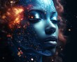 Close-up of a surreal face with galaxy skin texture, stars and nebulas blending with skin, detailed cosmic vision, 3D render animation style