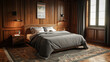 Dark wooden bedroom interior with a carpet on the floor, a gray bedcover on a master bed, two bedside tables and a poster. Side view. 3d rendering mock up.