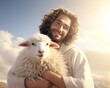 Close-up of Jesus with a lamb over His shoulders, detailed strength and gentleness, shepherds care, heavenly light, 3D render animation style