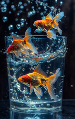Goldfish swim in aquarium with air bubbles