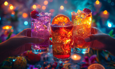 Wall Mural - Three glasses of colorful alcoholic cocktails are raised toasting with cherry on festive Christmas table