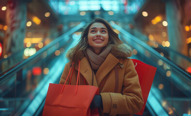 Poster - Happy young woman rides escalator with shopping bags at the mall