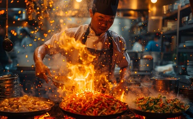 Wall Mural - Asian chef works wok with fire in Chinese restaurant.