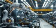Several robot arms are working on a conveyor belt in an industrial factory.
