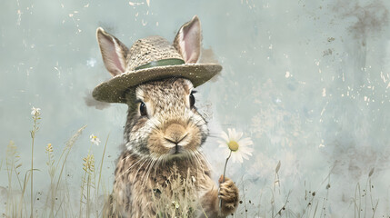 Wall Mural - A rabbit wearing a charming hat and holding a daisy. with its ears perked up