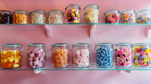 A Range Of Porcelain Jars Containing Different Types Of Candies. Including Gummies And Chocolates