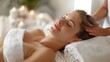 Tranquil Spa Experience, Therapist's Soothing Head Massage for Relaxed Woman