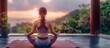 © HikikomorAI - Meditating Woman in the Serene Atmosphere of Her Home's Exterior, Enjoying the Sunset View, Surrounded by Wooden Flooring and Potted Plants