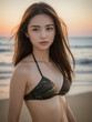 Japanese woman with long hair wearing a swimsuit at the sea and making a cute face. Generative AI