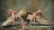 Two old white ballet slippers with bows tied to them