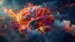 Expressive concept art wallpaper of a human brain, exploding with vibrant bursts of knowledge and creativity, designed to inspire and engage