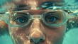 Swimming face, pool, woman wearing goggles underwater, sport swimming goggles fun diving into water