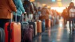 © horizon - People waiting in line with their luggage, suitcases, and bags for an international flight at the airport check-in gate, queuing for a vacation, holiday, or immigration journey, signifies global trave