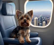 Yorkie dog sits in an airplane seat, near the window, enjoying the flight