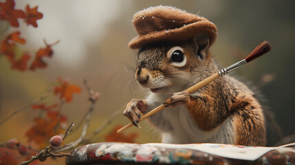 Wall Mural - A squirrel wearing a quaint beret and holding a paintbrush 