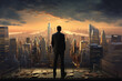 A man in a suit gazes at a sprawling cityscape bathed in the golden light of dusk