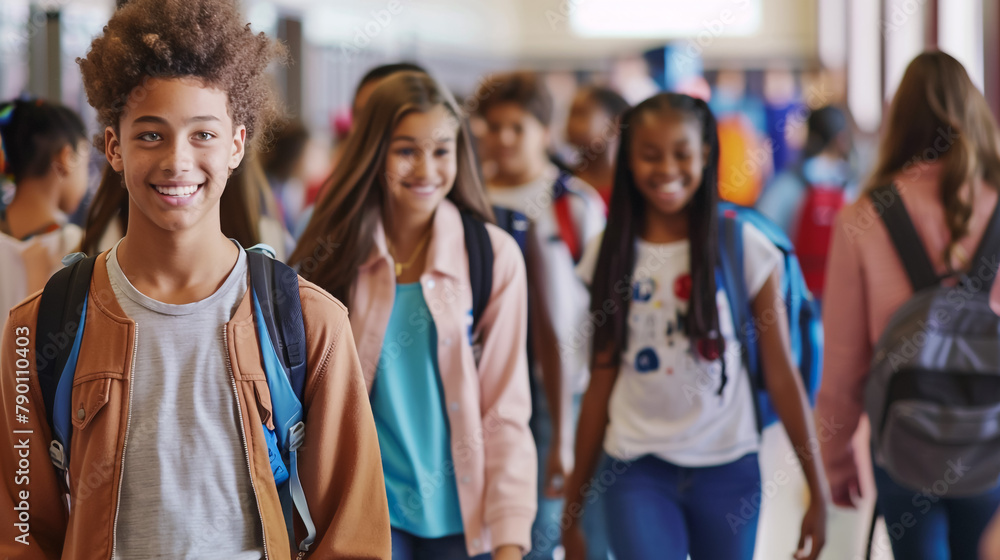 A diverse group of students, both eager and anxious, walking through a ...