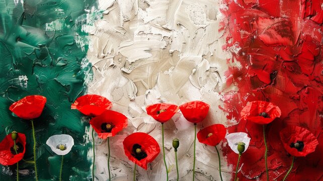 Red poppy flowers on background with Italy flag. Liberation day holiday. Festa della liberazione