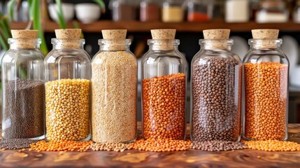 the diverse textures of lentils in clear glass bottles, creating a visually appealing display in a kitchen setting