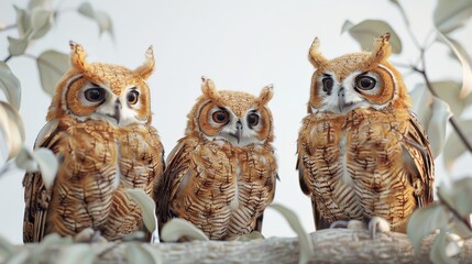 Wall Mural - Three owls are sitting on a branch, looking at the camera