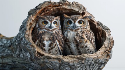 Wall Mural - Two owls are sitting in a hollowed out log