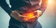 Diverticulitis Distress: The Abdominal Pain and Bloating - Picture a person holding their lower abdomen, with bloating indicated by a puffy stomach, illustrating the abdominal pain and bloating
